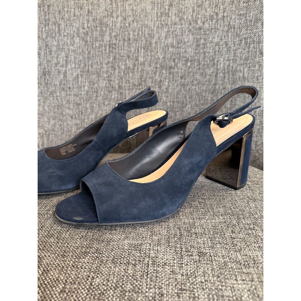 Alfani Navy Suede Slingback Heels 10M Metallic Accent Block Heel Open Toe